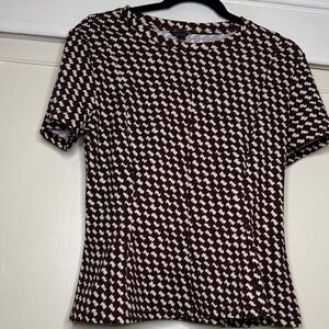 Ann Taylor Burgundy and Cream Houndstooth Short Sleeve Top